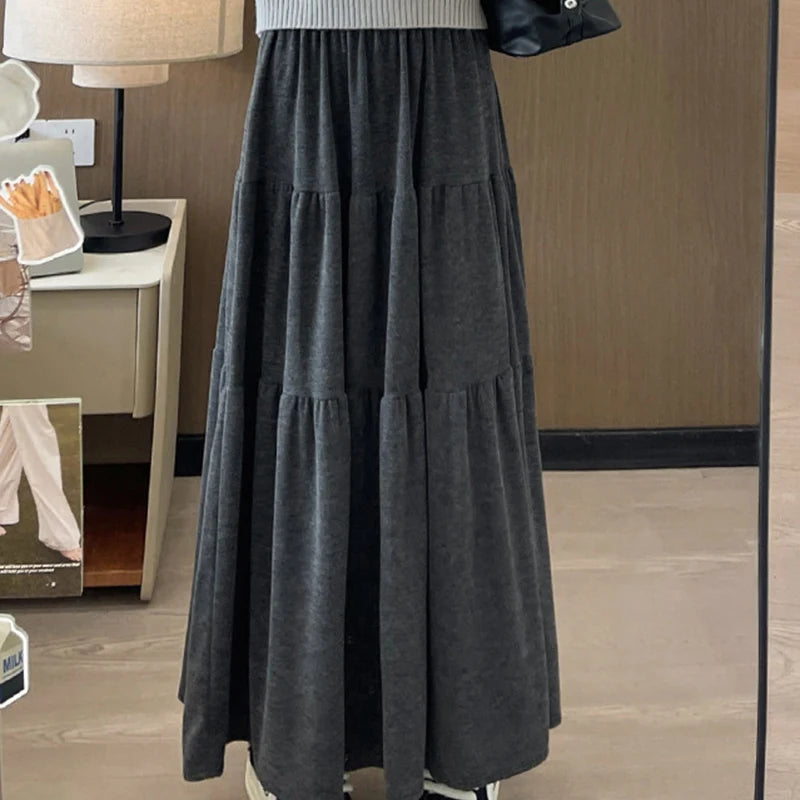 Autumn Casual Knit Pleated Skirt for Women Elegant Solid Color A Line Long Skirts Korean Streetwear High Waist Patchwork Skirt