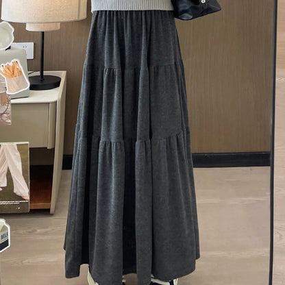 Autumn Casual Knit Pleated Skirt for Women Elegant Solid Color A Line Long Skirts Korean Streetwear High Waist Patchwork Skirt