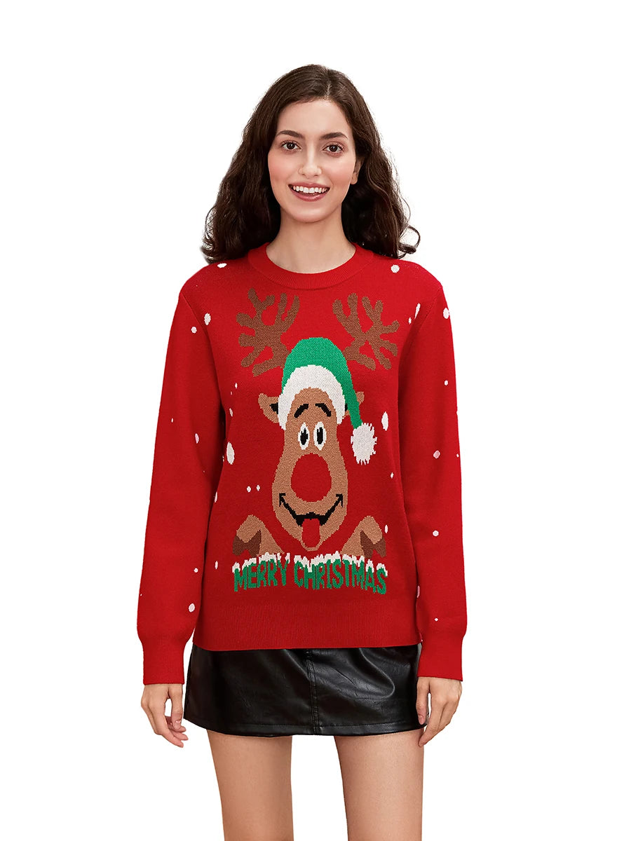 Women s Christmas Sweaters Long Sleeve Round Neck Reindeer Print Loose Pullover Knit Tops