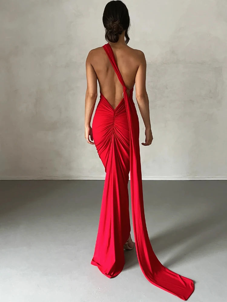 Hugcitar One Shoulder Backless Adjustable Scarf Loop Ruched Sexy Maxi Dress 2025 Women Elegant Y2K Streetwear Festival Outfit