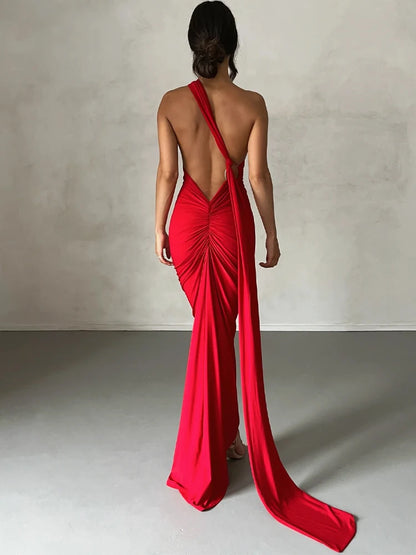Hugcitar One Shoulder Backless Adjustable Scarf Loop Ruched Sexy Maxi Dress 2025 Women Elegant Y2K Streetwear Festival Outfit