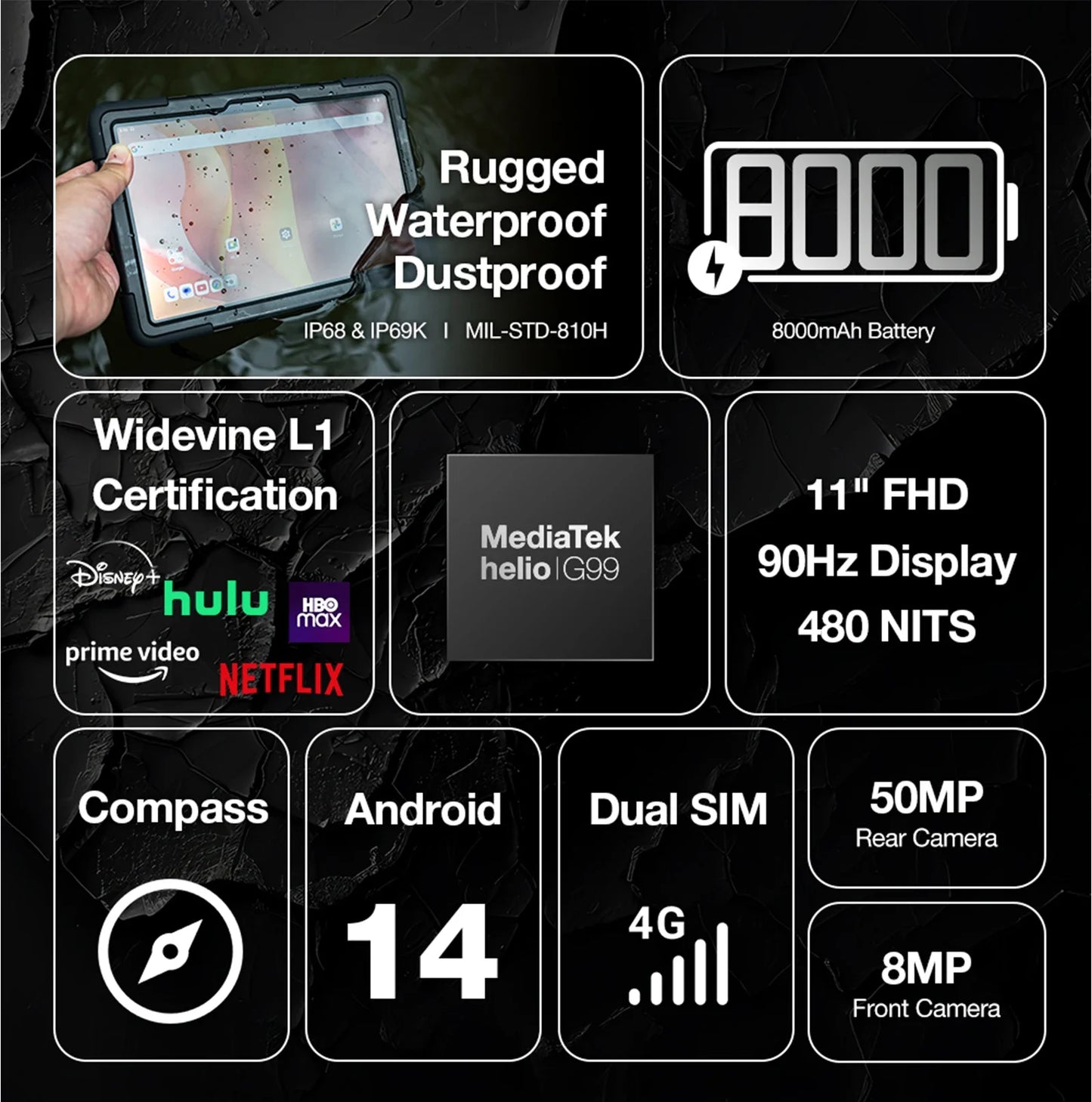 AGM P2 Active 11" FHD Rugged Tablet, IP68 Waterproof/Dustproof, 8GB RAM+256GB, Android 14, G99, Widevine L1 P2W Durable Pad