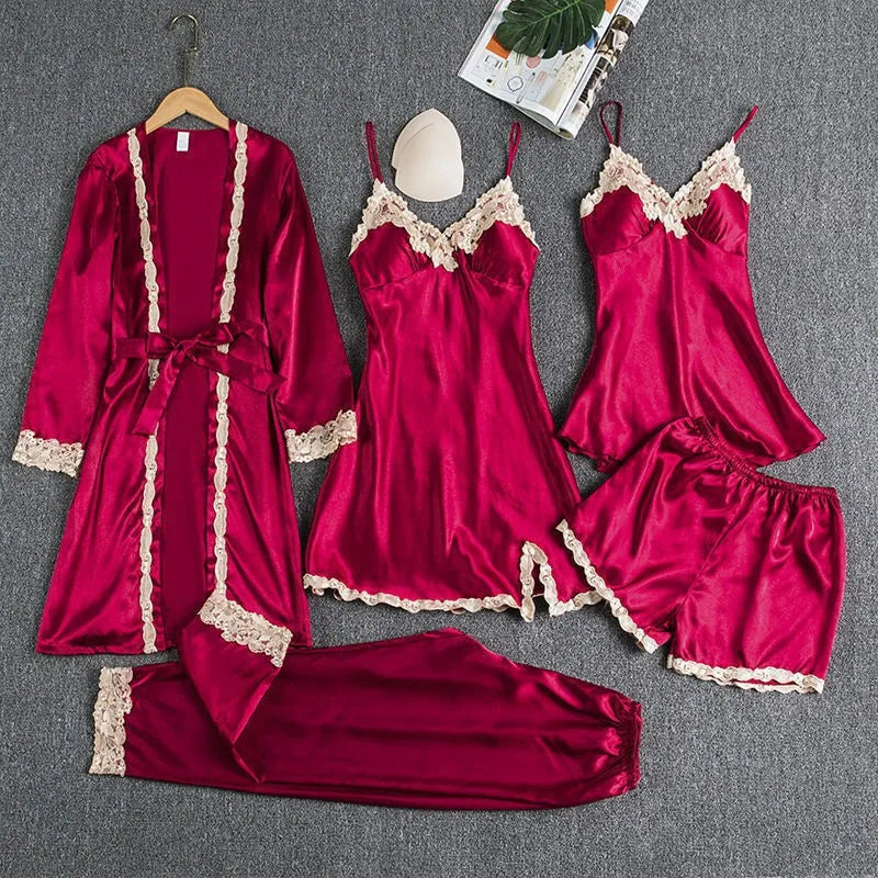 2024 New Style Pajamas Set with Bra Pads, Silk Sexy Strappy Golden Floral Five-Piece Pajamas Thin Homewear