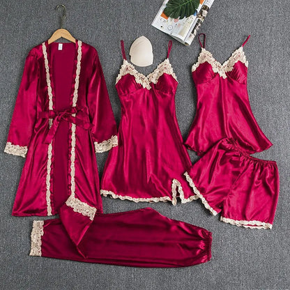 2024 New Style Pajamas Set with Bra Pads, Silk Sexy Strappy Golden Floral Five-Piece Pajamas Thin Homewear
