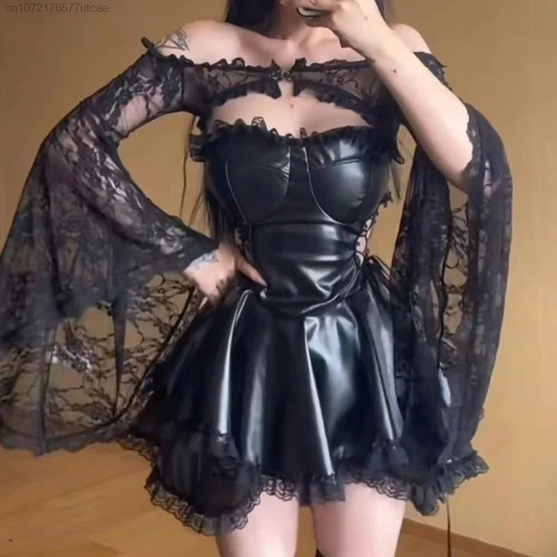 EtherealBe gothic black party dress for women with lace bell sleeves and a fitted bodice