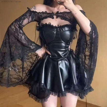 EtherealBe gothic black party dress for women with lace bell sleeves and a fitted bodice