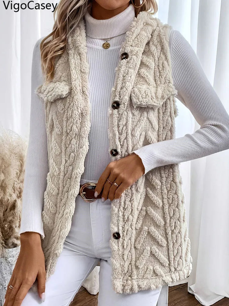 VigoCasey 2025 Apricot Sleeveless Vest Coat Woman Single-breasted Warm Plush Waistcoat Lady Autumn Winter Hooded Vest Jacket