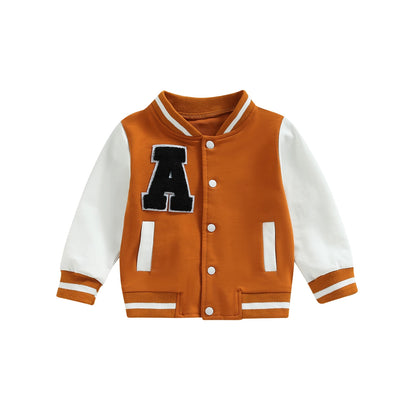 Kids Boy Girl Baseball Jackets Toddler Letter Pattern Contrast Color Long Sleeve Buttons Front Coat Autumn Winter Outerwear 1-5T