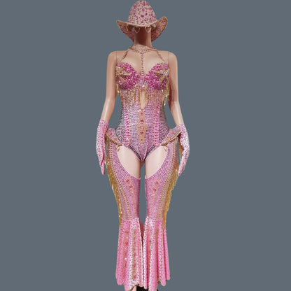 Women Sparkly Rhinestone Red Bodysuit 4Pieces Set Nightclub Party Stage Show Outfit Cabaret Carnival Showgirl Sexy Wear Hongding