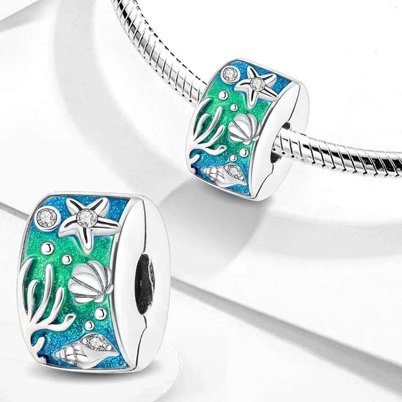 925 Sterling Silver Jellyfish Seahorse Blue Ocean Series Charms Beads Fit Diy Bracelet Making Gift of Fine Jewelry for Womens