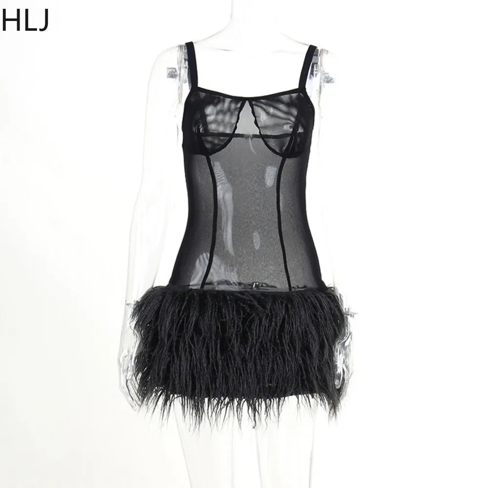HLJ Black Sexy Mesh Perspective Patchwork Party Nightclub Dresses Women Thin Fur Mini Suspended Dress Female Halloween Clothing