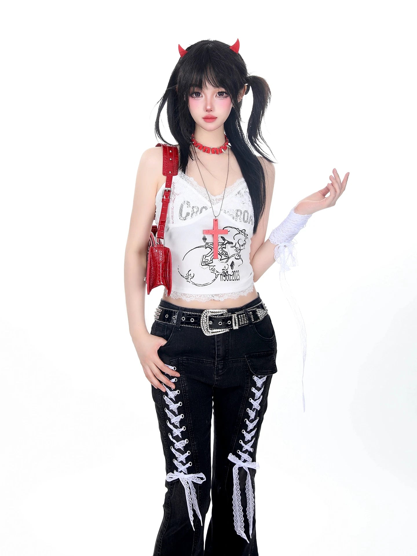 2025 Autumn Winter Women Designer 2000s Harajuku Lace Gothic Flare Denim Pants Y2k Japanese Streetwear Jean Baggy Bell Bottom