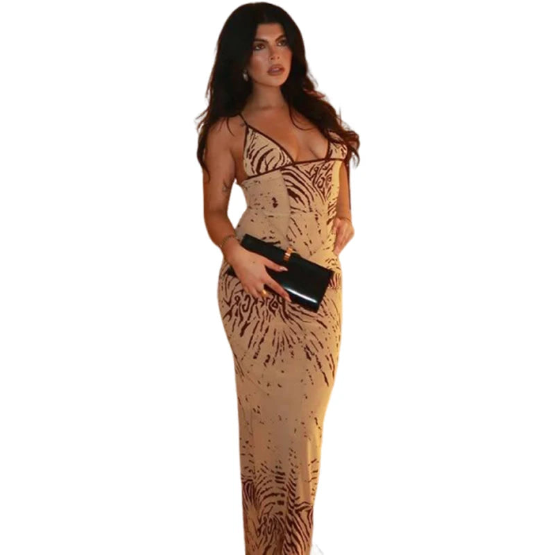 Weird Puss Tie-dye Print Dress Women Sexy Low-Neck Skinny Sleeveless Backless Skinny Vacation Beach Club Party Classic Vestidos