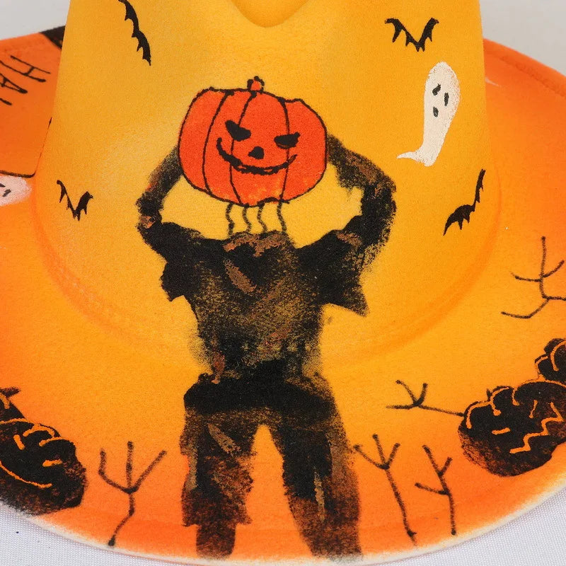 EtherealBe Halloween cowboy hat for adults featuring pumpkin and ghost designs for festive spirit