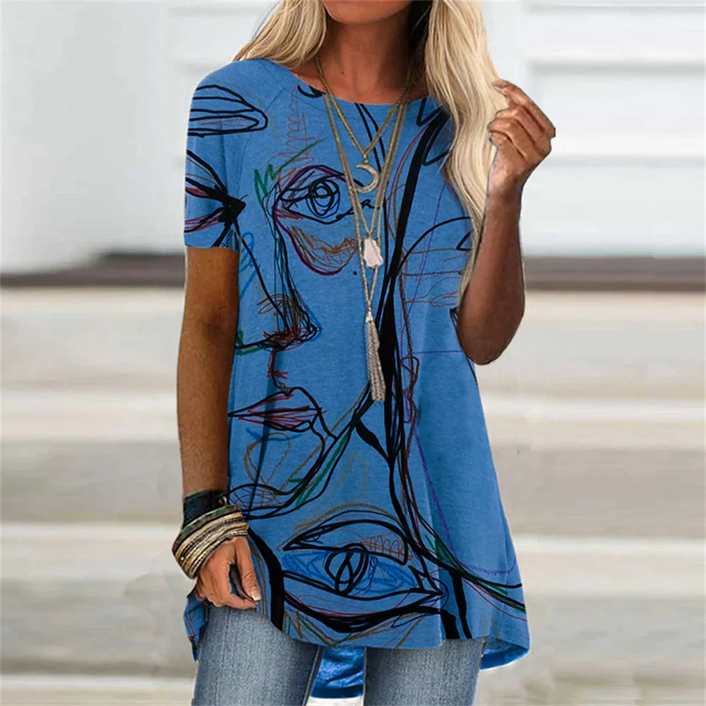 Abstract Face Graphic 3D Print T-shirt Summer Streetwear Retro Women Short Sleeve T Shirts Y2K Tops Woman Tee Oversized Clothing