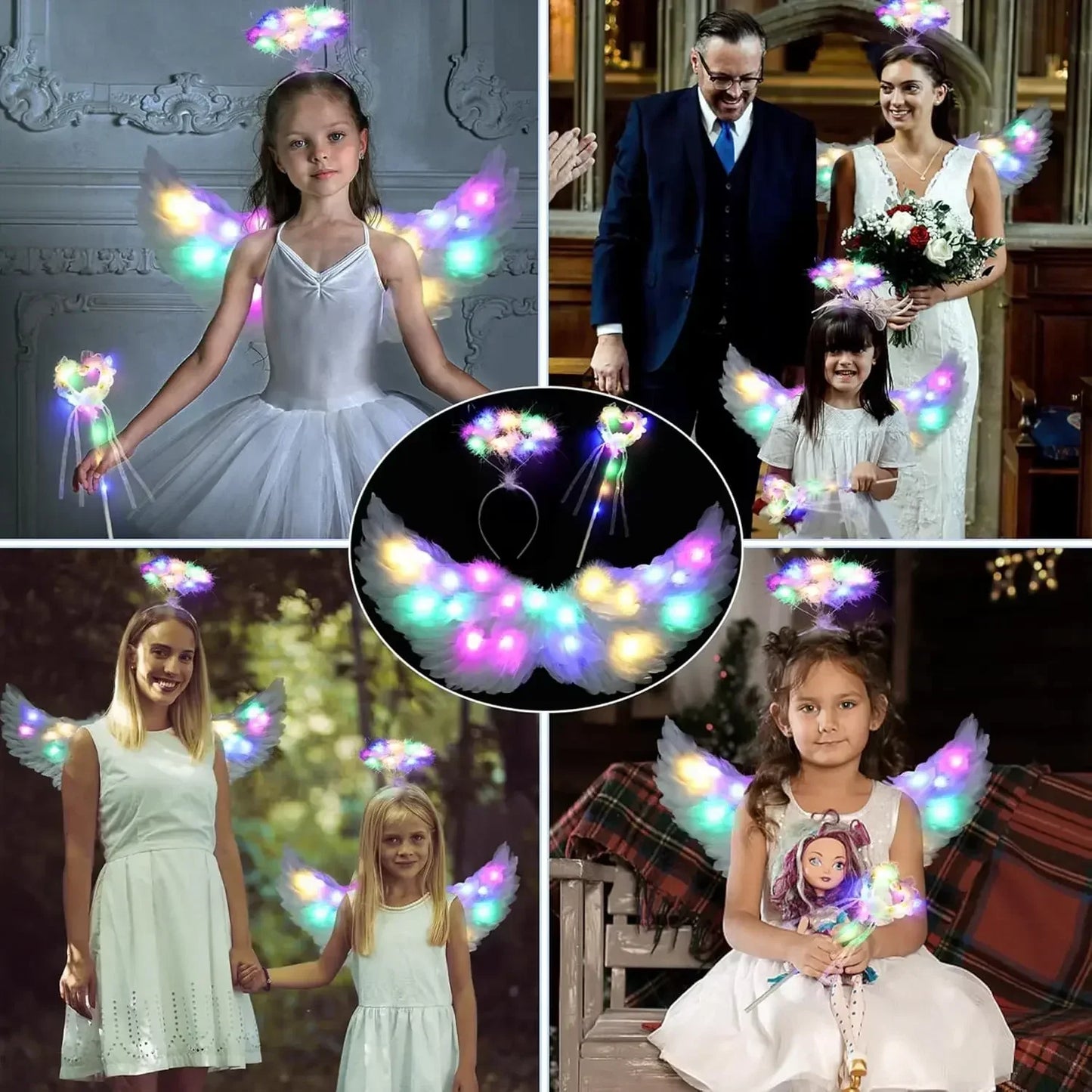 Light up angel costume for girls featuring colorful illuminated wings and accessories for festive occasions