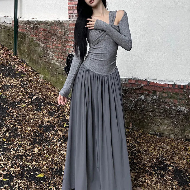 Autumn Skew Collar Halter Aura Dresses Solid Color Female Clothing Folds Stylish Irregular Basic Long Sleeve Spliced Long Dress