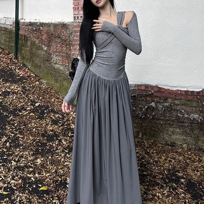 Autumn Skew Collar Halter Aura Dresses Solid Color Female Clothing Folds Stylish Irregular Basic Long Sleeve Spliced Long Dress