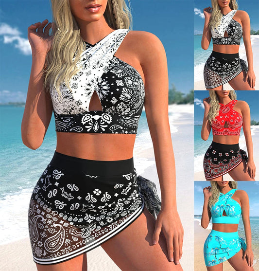 New Summer Beach New Women's Bikini Two Piece Swimming Suit Water Drop Print Cross Tie Beach Suit S-6XL