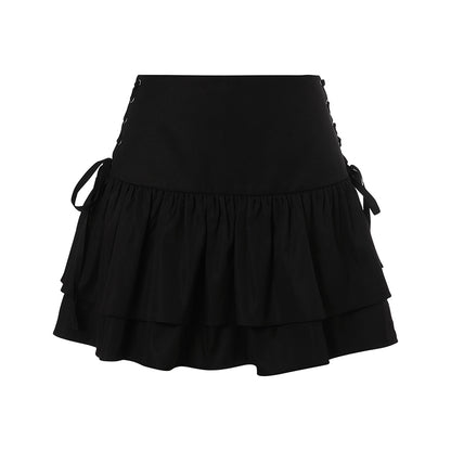 Women s Pleated High Waist Mini Skirt Solid Color Ruffle A-Line Skirt with Criss Cross Tie Up Detail