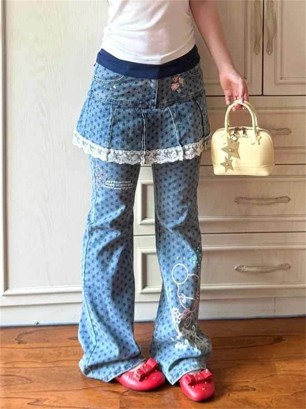 Women Shoujo Star Print Jean Y2k Japanese Harajuku Low Rise Patchwork Denim Flare Pants 2000s Kpop Bell-Bottom Long Trousers