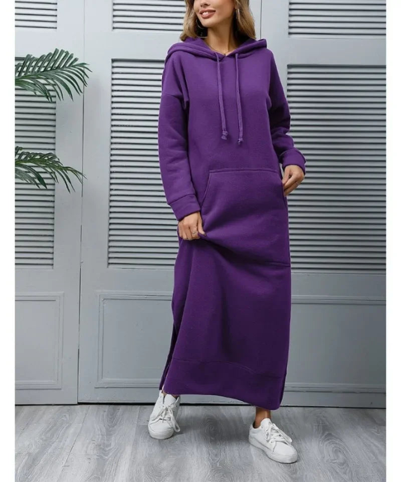 Autumn and Winter New Loose Size Knitted Hooded Long Dress Plush Casual Fashion Dress Large Pocket Skirt Women's Wear
