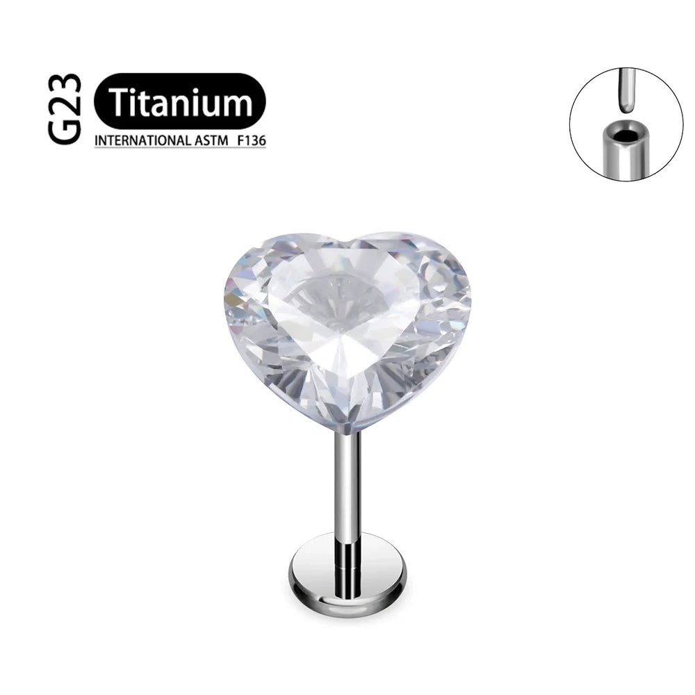 ASTM F136 Titanium 18G/16G Threadless Push Pin Labret Stud CZ Heart Cartilage Earring Helix Tragus Nose Stud Piercing