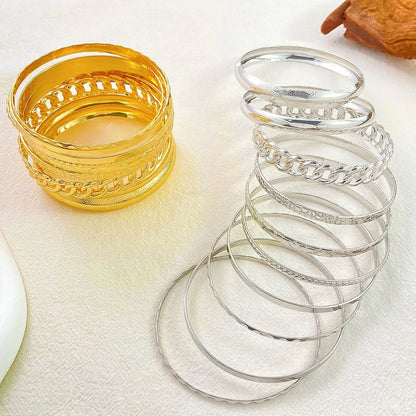 Ten Piece Set Of Stylish Bohemian Folk Retro Wide-Face Gold And Silver Color Wedding Banquet Bracelet Jewelry