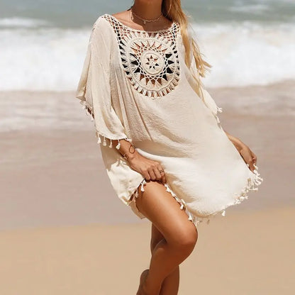 Women Casual Bohemian Holiday Outfits Beachwear Bikini Cover Up Summer Solid Color Hollow Out Beach Dress