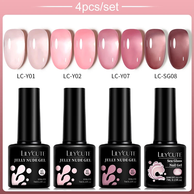 LILYCUTE 4/5Pcs/Set 7ML Nude Pink Gel Nail Polish and Translucent Jelly Nail Art Gel Semi Permanent Soak Off Design Manicure Set