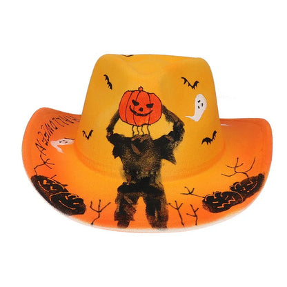 EtherealBe Halloween cowboy hat for adults with spooky pumpkin design and ghost accents