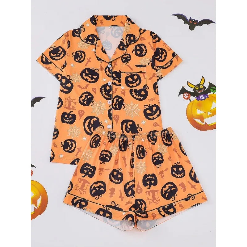 SUKAE Halloween Pyjamas Printed Lapel Collar Loose Short-sleeved Shorts Women Pajamas Set Women Loungewear Chic Woman Pajamas