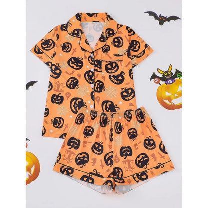 SUKAE Halloween Pyjamas Printed Lapel Collar Loose Short-sleeved Shorts Women Pajamas Set Women Loungewear Chic Woman Pajamas
