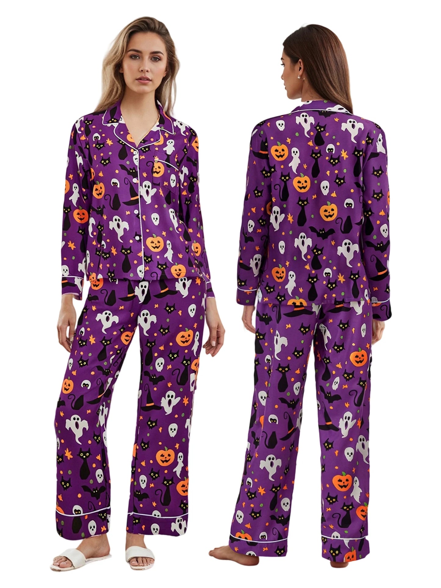 Women Halloween Pajama Set Pumpkin Ghost Long Sleeve Tops + Pants For Nightwear Homewear Casual Wear