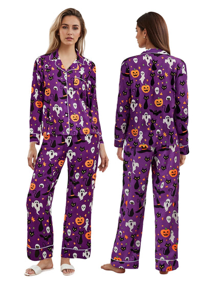 Women Halloween Pajama Set Pumpkin Ghost Long Sleeve Tops + Pants For Nightwear Homewear Casual Wear