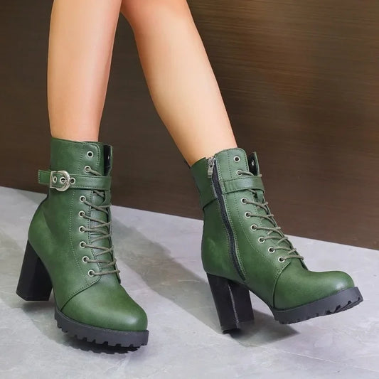 Women's Ankle Boots Green Large Size Winter 2025 New Horse Biker Chunky Rubber Bottom High Heel Platform Casual Basic Rain Shoes