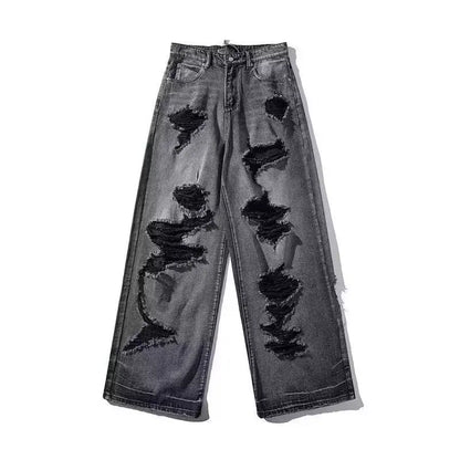 Ripped jeans for women in summer, cool, old high street American wide-leg pants loose and versatile straight trousers y2k jeans