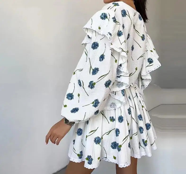 Spring And Summer New Fashion Ruffle Edge Long Sleeved Printed Shirt + Elastic Waist Short Skirt Set For Women,4 Colors