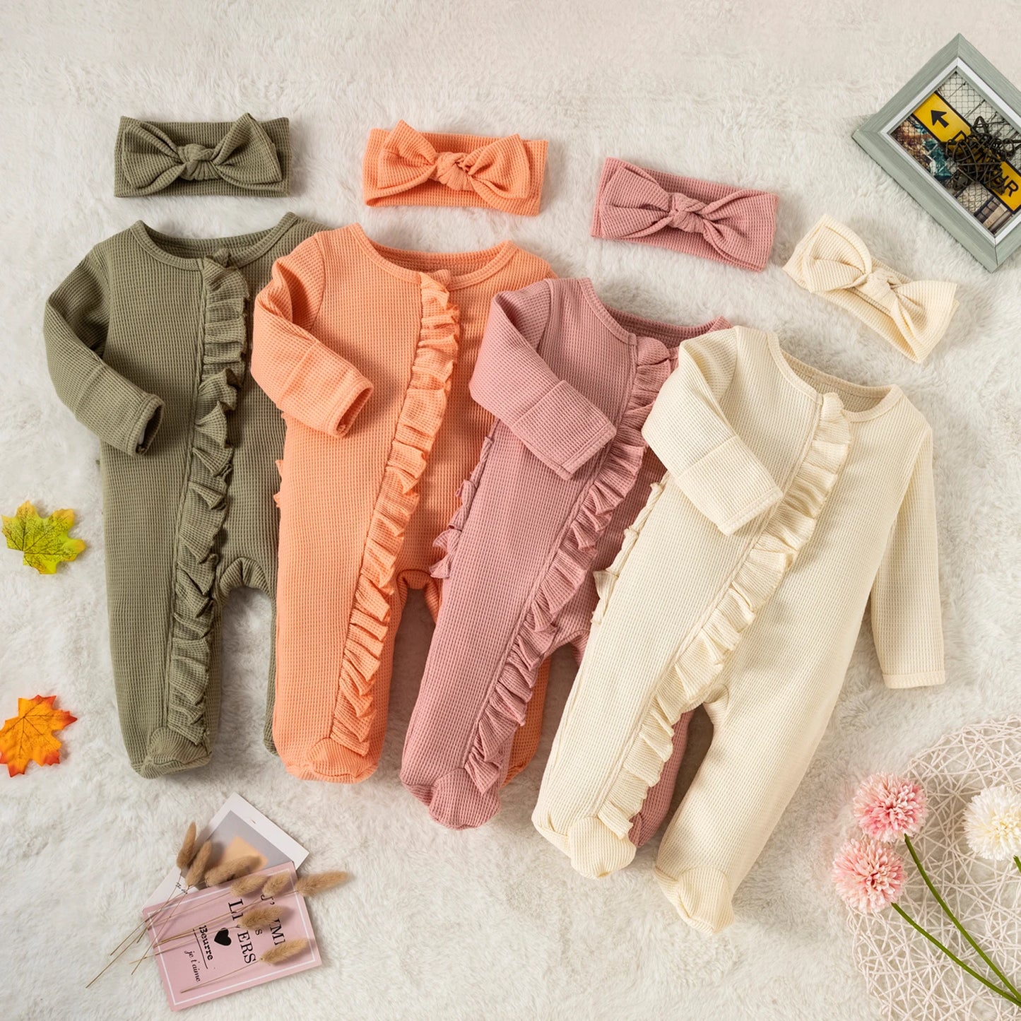 Infant BabyGirl Footies Rompers Solid Color Long Sleeve Jumpsuits Winter Fall Clothes Bodysuits with Headband