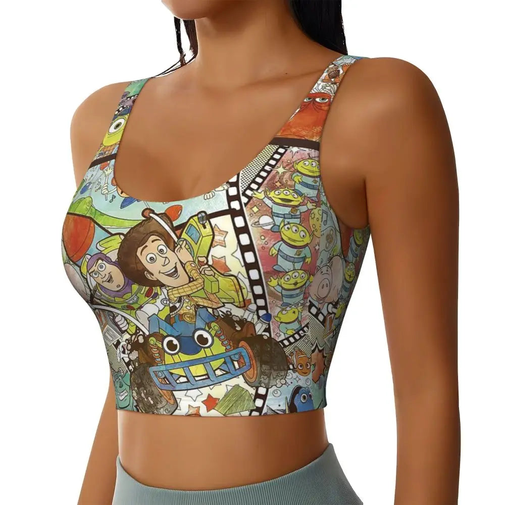 Toy Story Jessie sports bra featuring colorful designs of iconic characters for fans of the movie