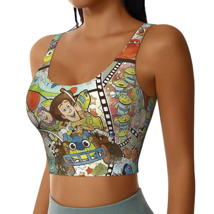 Toy Story Jessie sports bra featuring colorful designs of iconic characters for fans of the movie