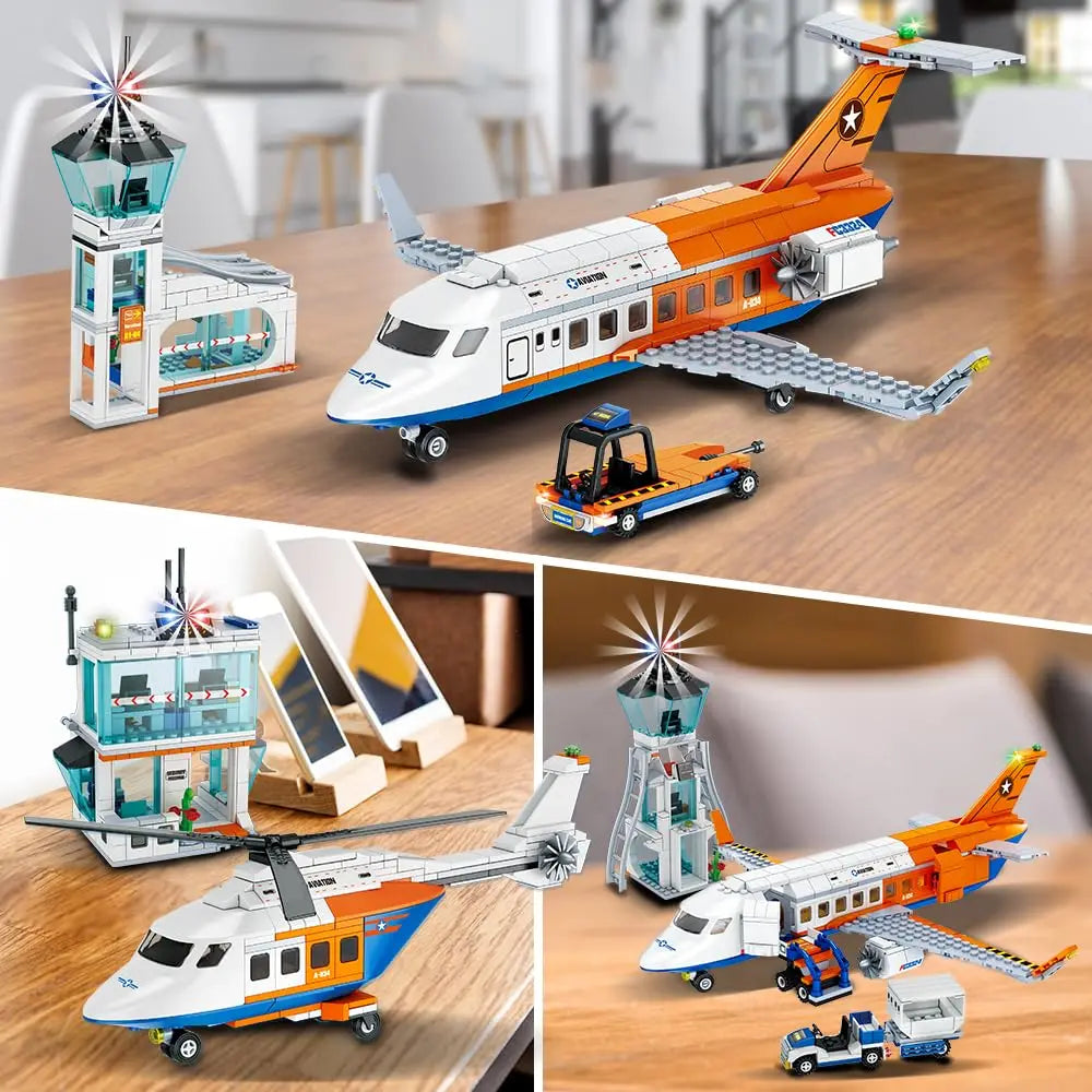 HOGOKIDS City Passenger Airplane Building Set-STEM 3 in 1 Airport Toy with Baggage Truck Radar Tower Shuttle Bus for Kid6+ Adult
