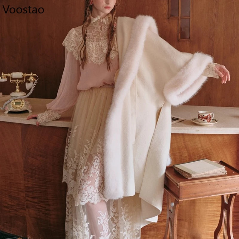 France Style Elegant Sweet 2 Piece Set Women Vintage Lace Patchwork Long Sleeve Blouse Top Mesh Skirt Suit Female Lolita Outfits