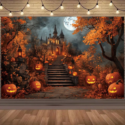 EtherealBe Halloween photo backdrop featuring a spooky castle, glowing pumpkins, and autumn trees