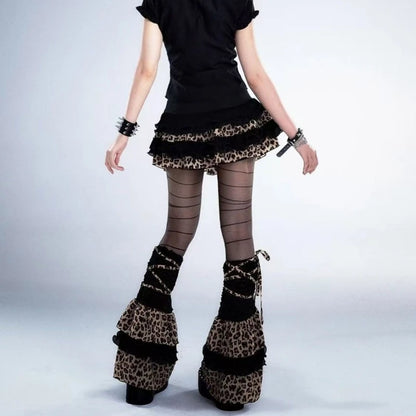 Women Harajuku Leopard Camouflage Leg Warmers Tiered Ruffled Knee Length Boot Cover Flared Footless Socks Streetwear 50cm/42cm