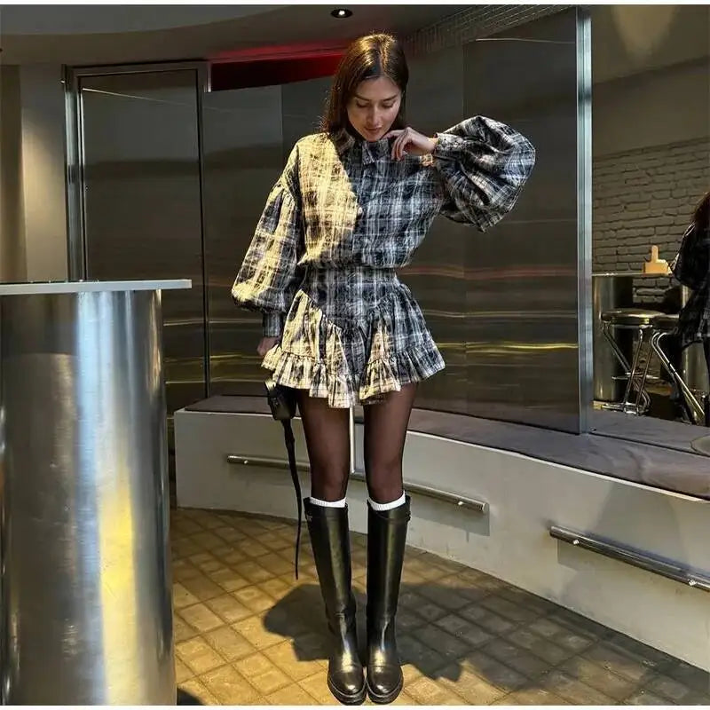 Plaid Print Shirt Ruffles Skirts Set Women Elegant Lapel Button Up Tops Loose Mini A-line Skirt Spring New Lady Chic Outfit LK9Q