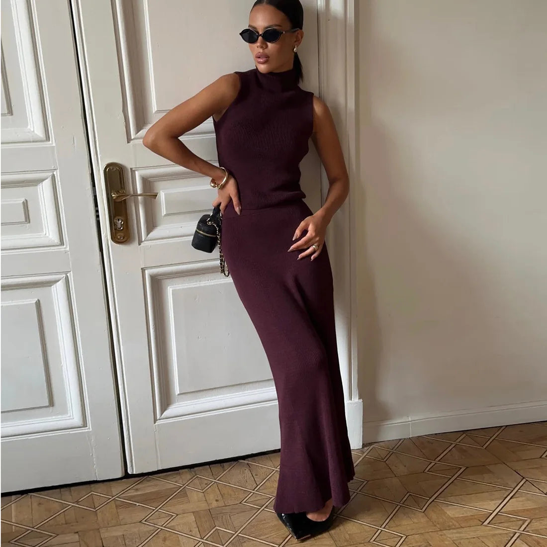 Autumn Elegant Long Skirt Two-piece Set Women's Sleeveless Knitted Turtleneck Vest Slim Skirt Set Female New Fashion Skirt Set