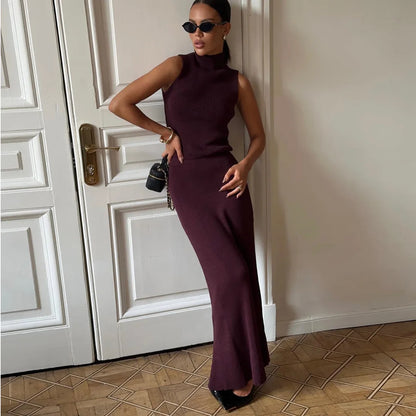 Autumn Elegant Long Skirt Two-piece Set Women's Sleeveless Knitted Turtleneck Vest Slim Skirt Set Female New Fashion Skirt Set