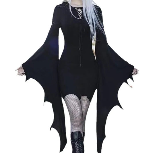 EtherealBe gothic Halloween dress for women with bat-wing sleeves and lace-up front design