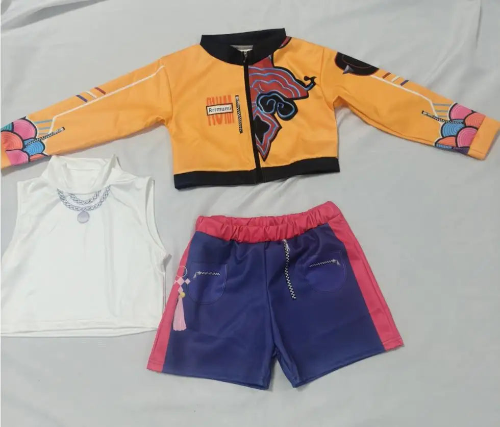 Zoey Rumi kids costume three piece set with yellow printed zip jacket white sleeveless top and purple shorts with pink sides